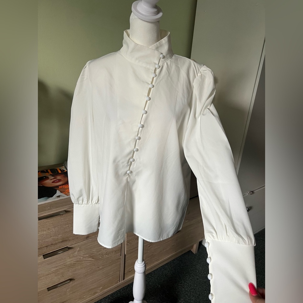 Off-White High Mock-Neck Long Sleeve Modest Asymmetrical Button Dow Shirt Blouse - Picture 3 of 16